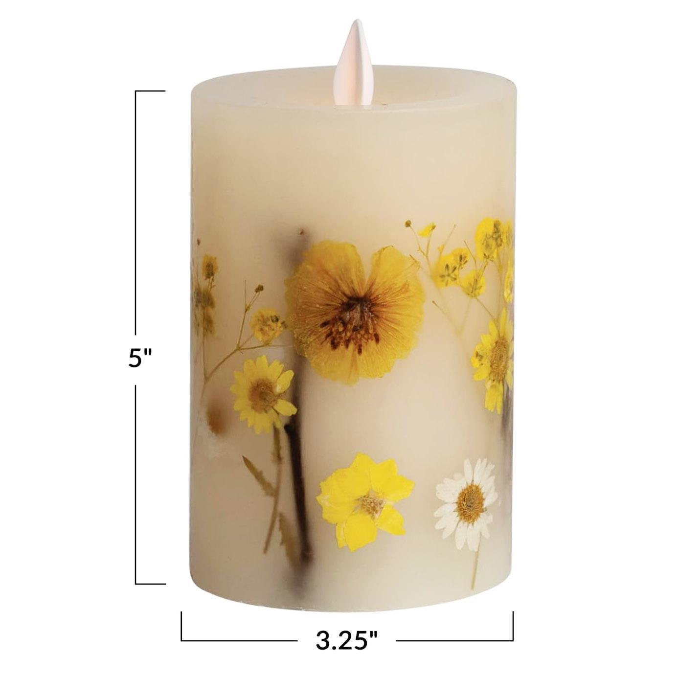 Pillar Daisy Inlay LED Candle with Timer 5 inch tall by 3.25 wide