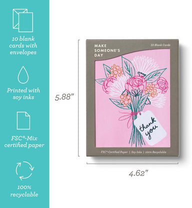 Card with floral design and 'Thank you' tag, surrounded by product details on a teal background