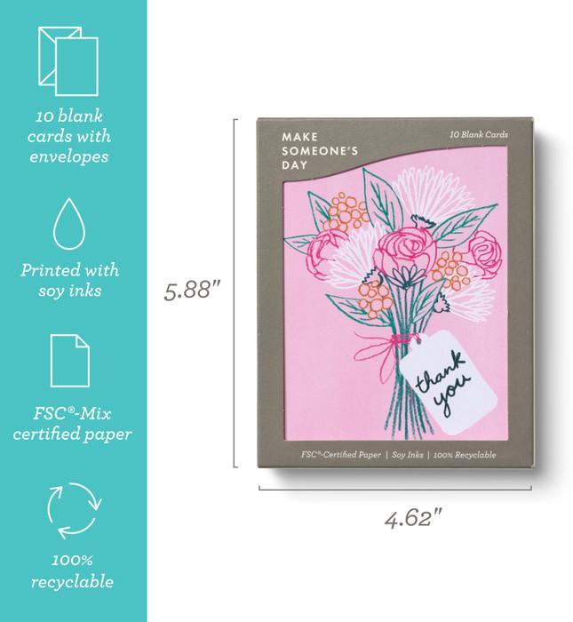 Card with floral design and 'Thank you' tag, surrounded by product details on a teal background