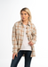 Woman wearing a plaid shirt over a white top and jeans on a white background