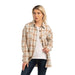 Woman wearing a plaid shirt over a white top on a white background