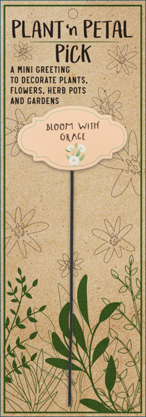 Decorative plant stake with a mini greeting on a brown background with floral illustrations