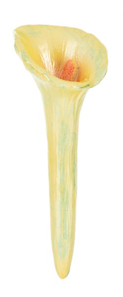 Pollinator Drinking Stakes Vase shaped like a yellow calla lily on a white background