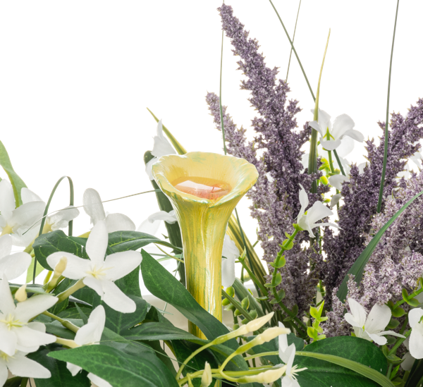 Floral arrangement with white flowers, a yellow calla lily, and purple lavender.