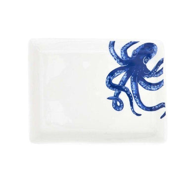 A white rectangular ceramic dish featuring a blue octopus illustration on the right side, set against a plain white background.