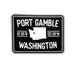 Port Gamble Coordinates Sticker – 3.2" with rounded corners featuring white text that reads 'PORT GAMBLE WASHINGTON' and coordinates, plus a white outline map of Washington state in the center, shown on a plain white background.