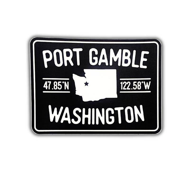 Port Gamble Coordinates Sticker – 3.2" with rounded corners featuring white text that reads 'PORT GAMBLE WASHINGTON' and coordinates, plus a white outline map of Washington state in the center, shown on a plain white background.
