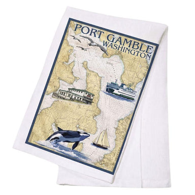 Tea towel with Port Gamble, Washington design featuring a map and nautical elements.
