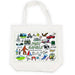 White tote bag with colorful illustrations of Port Gamble, Washington on a white background