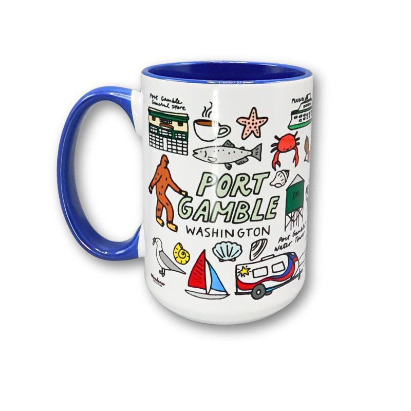 Mug with Port Gamble, Washington illustrations on a white background