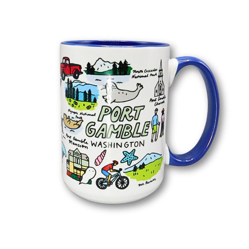 Mug with illustrations of Port Gamble, Washington and blue handle