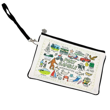 Pouch with illustrations and text about Port Gamble, Washington on a white background