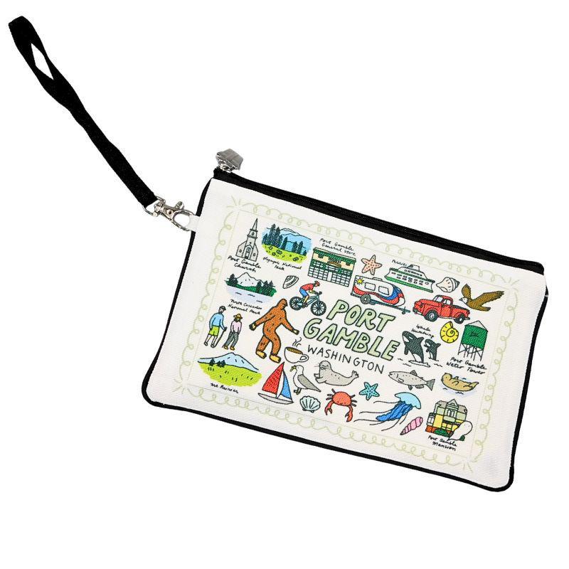 Pouch with illustrations and text about Port Gamble, Washington on a white background
