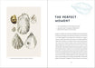 An open book spread showing a vintage-style scientific illustration of an oyster on the left page and a text page titled 'THE PERFECT MOMENT' with an inset quote on the right page.