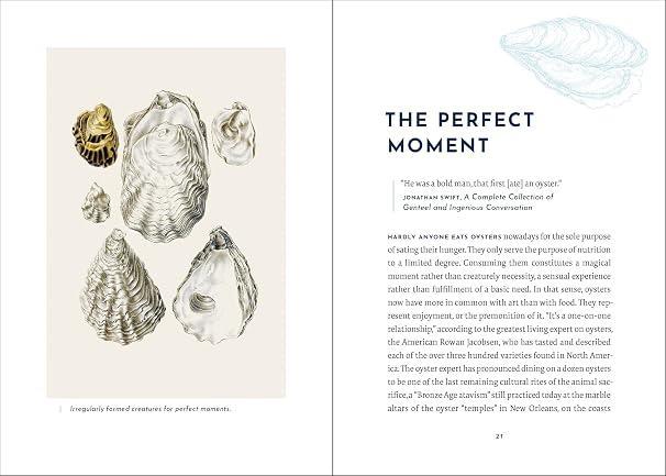 An open book spread showing a vintage-style scientific illustration of an oyster on the left page and a text page titled 'THE PERFECT MOMENT' with an inset quote on the right page.