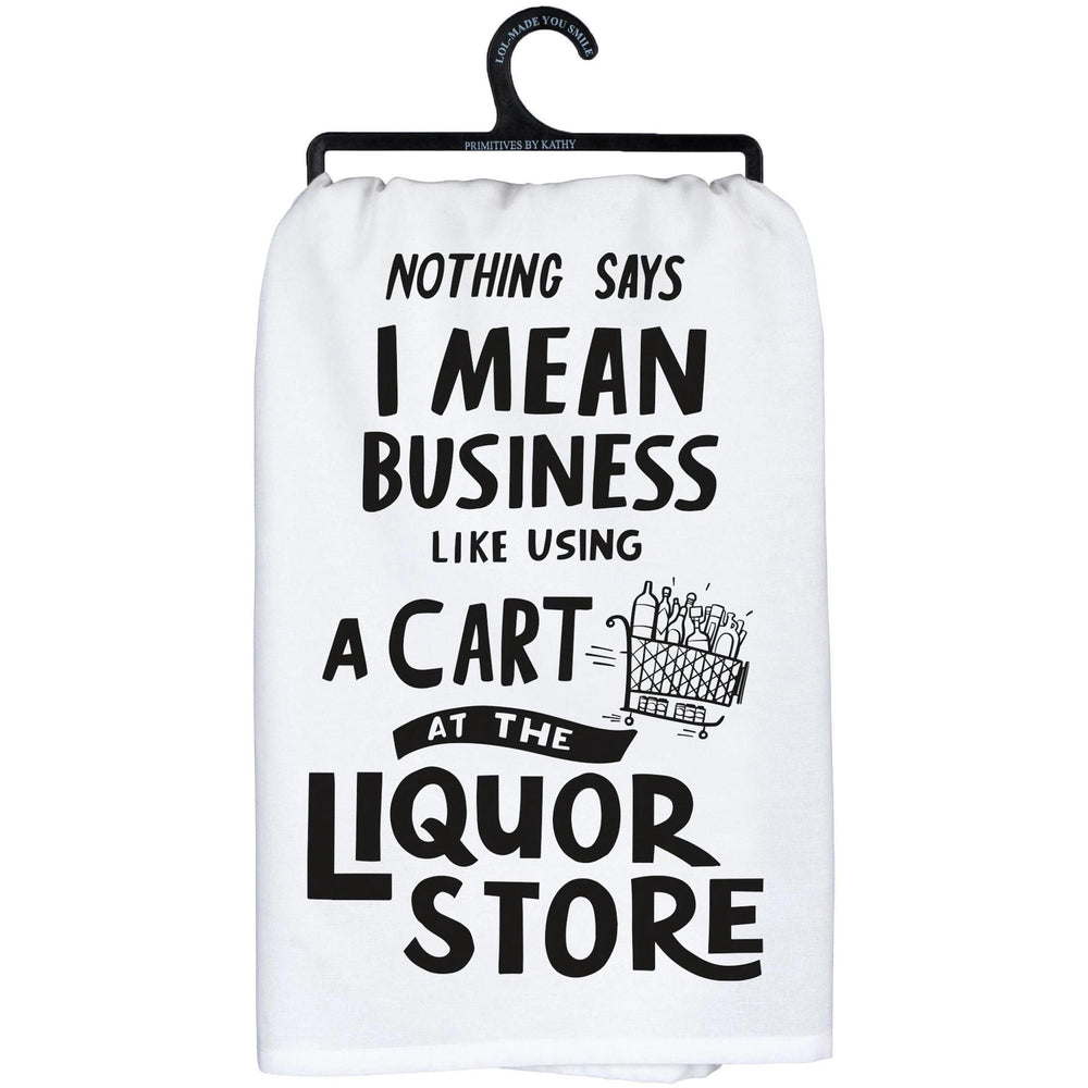 White towel with black text and graphic on a hanger