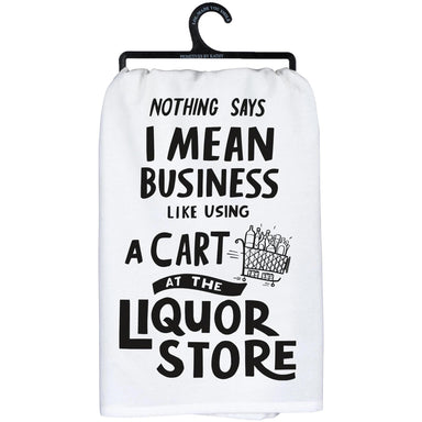 White towel with black text and graphic on a hanger