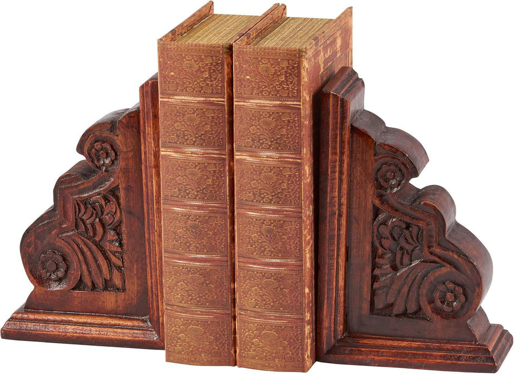 Wooden bookends with ornate carvings on a white background