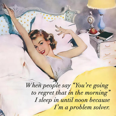 Woman in bed with arms raised, wearing a nightgown, in a bedroom setting with a quote.