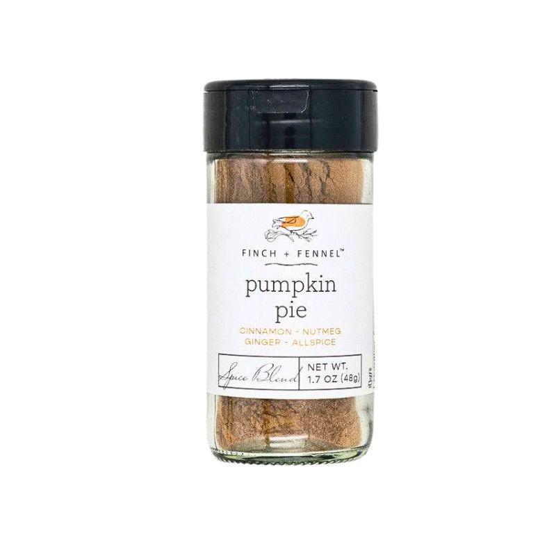 Spice jar labeled 'Pumpkin Pie' by Finch & Fennel on a white background