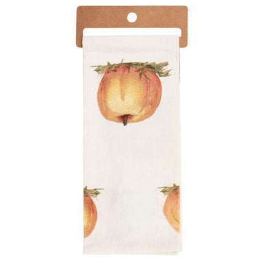 A white kitchen tea towel with a repeating print of orange peaches, hanging from a brown cardboard hanger on a white background.