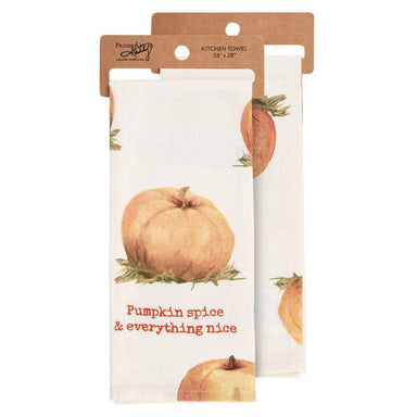 Two kitchen towels in kraft paper hanging sleeves with a pumpkin print and the phrase 'Pumpkin spice & everything nice' on a white background.