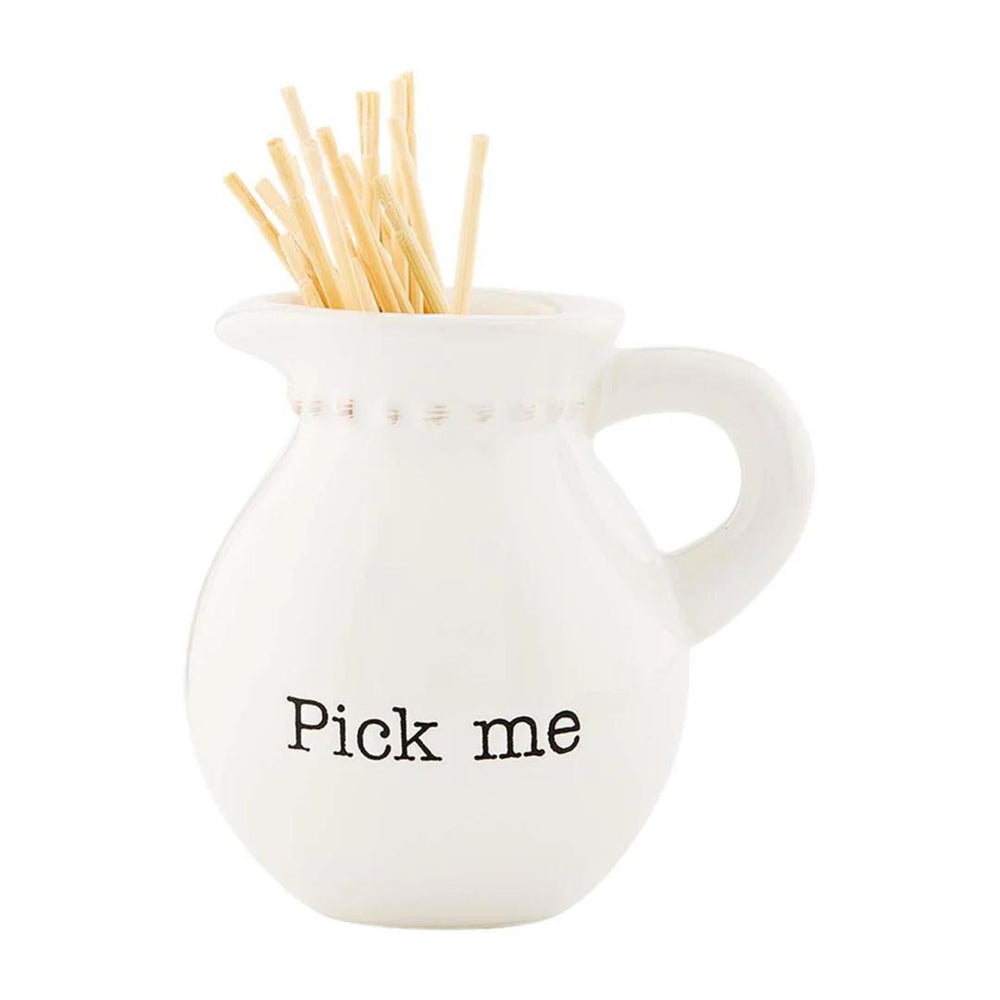 White ceramic jar with 'Pick me' text and toothpicks on a white background