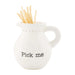 White ceramic jar with 'Pick me' text and toothpicks on a white background