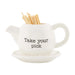 Teapot-shaped toothpick holder with 'Take your pick' text on a white background