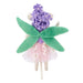 Felt fairy toy with purple flowers and green wings on a white background