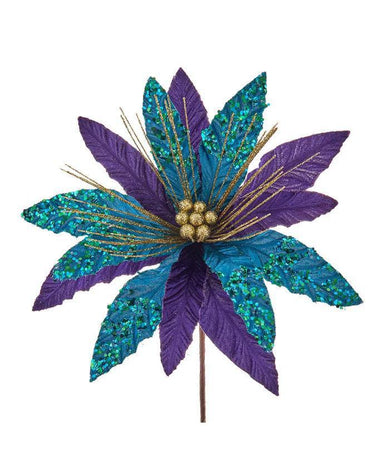 Purple, Teal & Gold Velvet Poinsettia Pick – Festive Luxury Decor