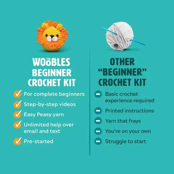 Woobles beginner crochet kit with lion toy and yarn ball on teal background