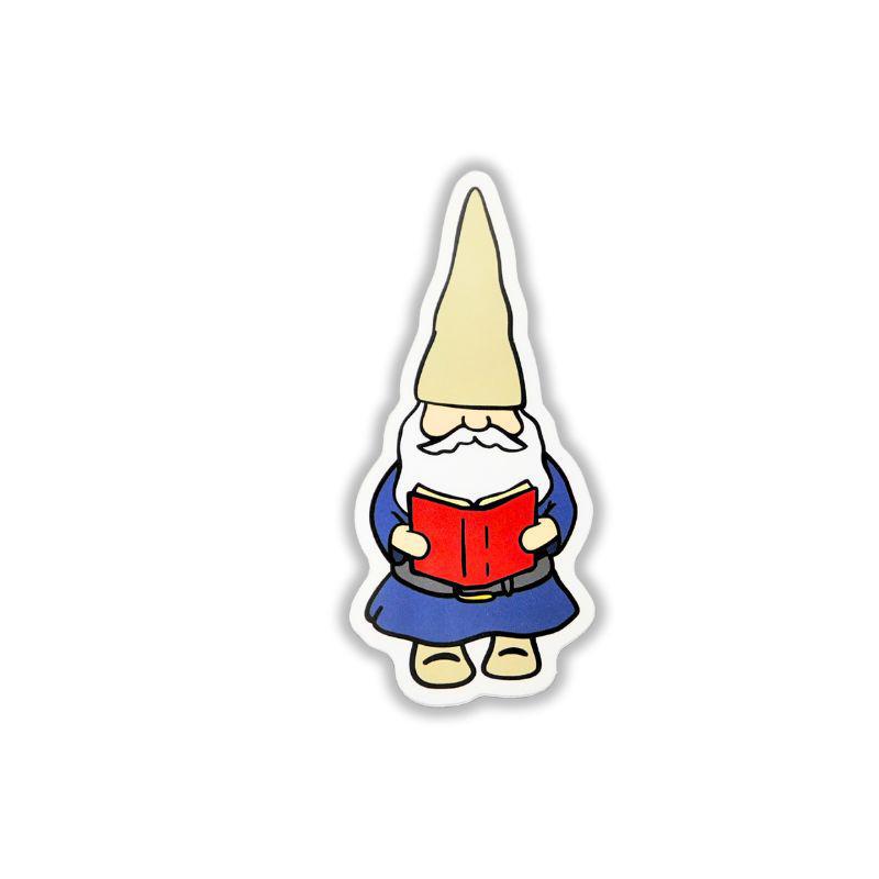 A cartoon garden gnome sticker or decal showing a beige pointed hat, white beard, blue robe, and red book, centered on a plain white background.