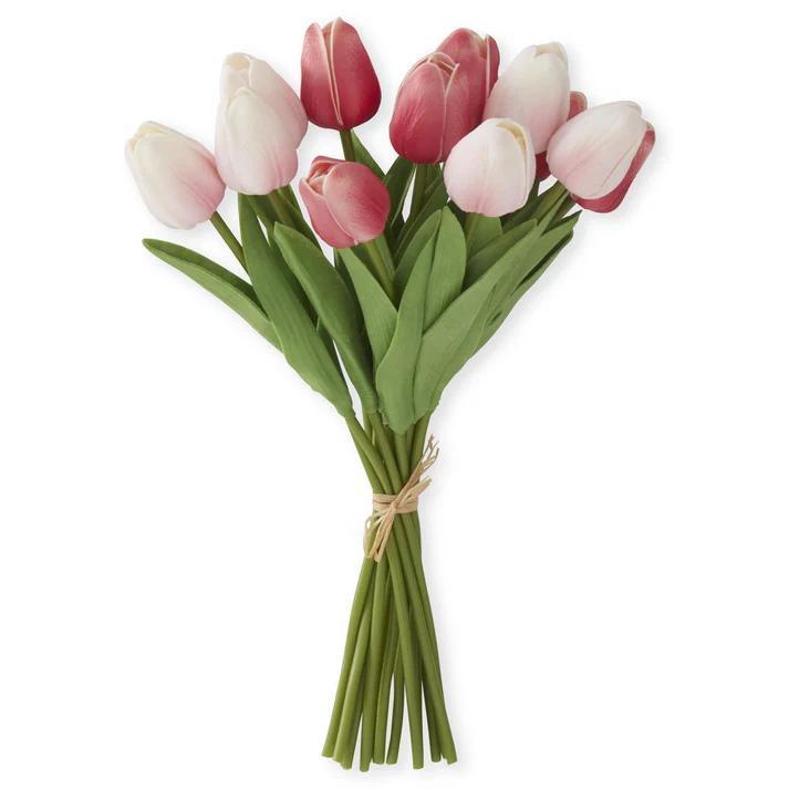 Delicate Real Touch Mini Tulip Bundle in soft pink and rose tones. Includes 12 lifelike stems with a polyurethane foam finish for a natural feel. Perfect for spring décor, romantic styling, and effortless indoor arrangements.