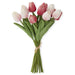Delicate Real Touch Mini Tulip Bundle in soft pink and rose tones. Includes 12 lifelike stems with a polyurethane foam finish for a natural feel. Perfect for spring décor, romantic styling, and effortless indoor arrangements.