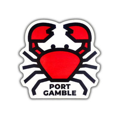 A die-cut sticker featuring a stylized red crab with black outlines and the text 'PORT GAMBLE' in black at the bottom, shown on a plain white background.