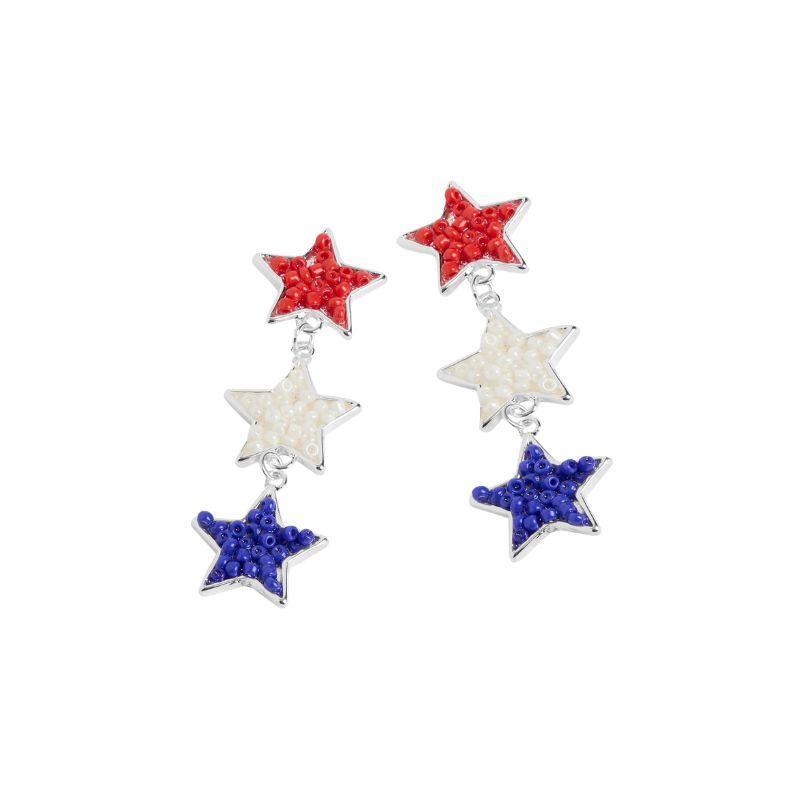 Star-shaped earrings with red, white, and blue colors on a white background