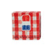 Red and white checkered paper napkins with a popsicle design and text on a white background