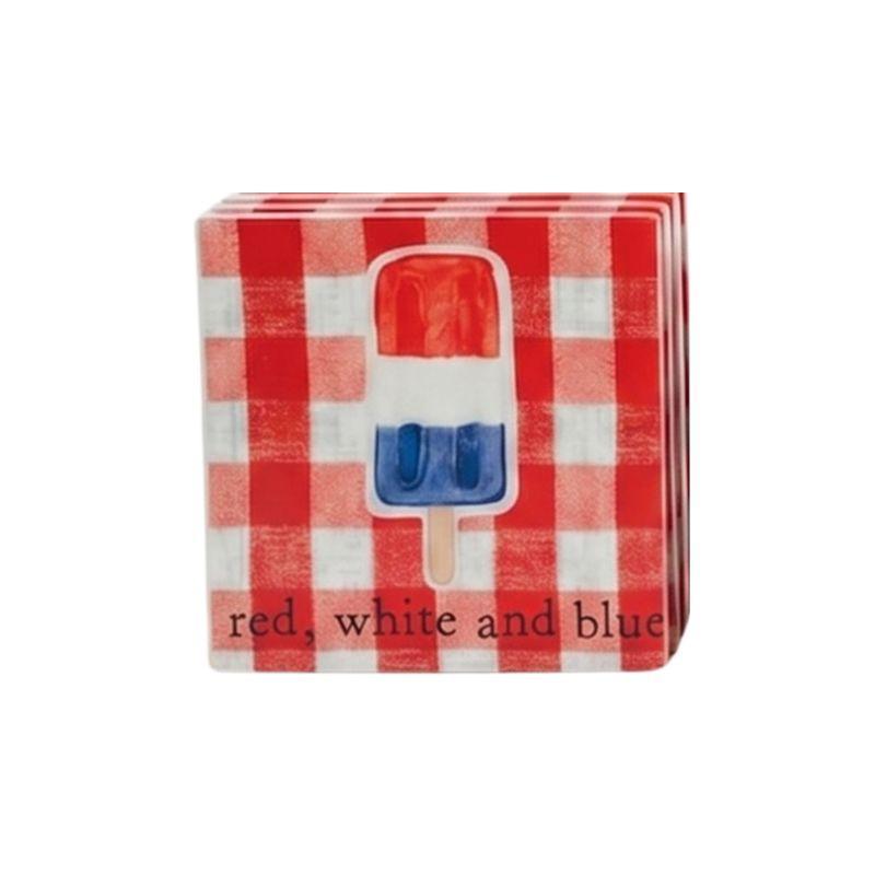 Red and white checkered paper napkins with a popsicle design and text on a white background