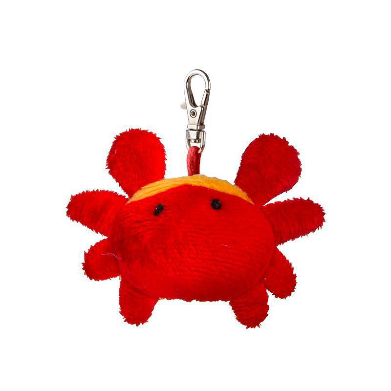 Red plush crab keychain with a yellow shell on a white background