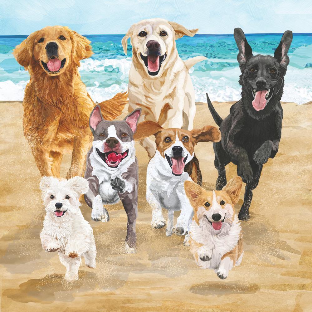 Illustration of dogs running on a beach with ocean in the background