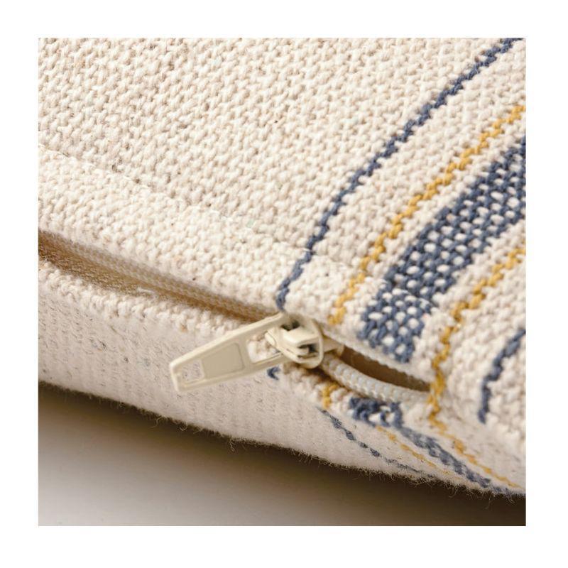 Close-up of a textured fabric pouch with a zipper, featuring blue and yellow patterns.