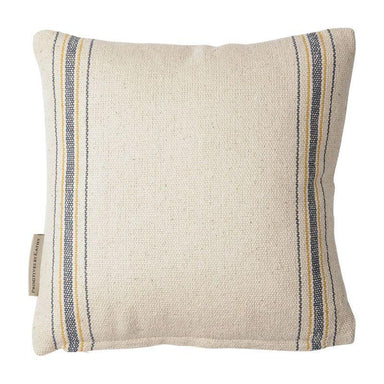Beige pillow with blue and yellow stripes on a white background