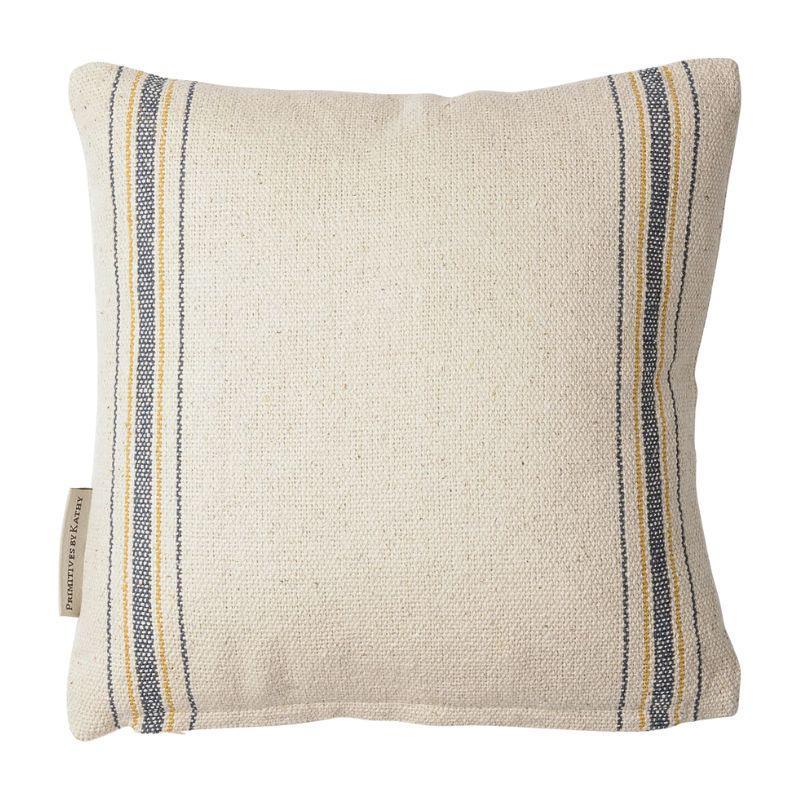 Beige pillow with blue and yellow stripes on a white background