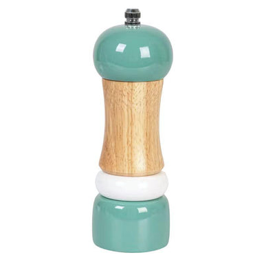 Teal and wooden pepper grinder on a white background