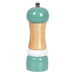 Teal and wooden pepper grinder on a white background