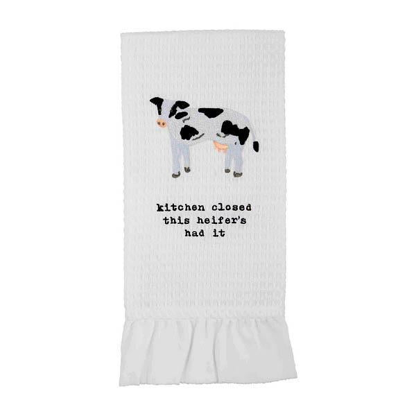 Ruffle Edge Farm Towel: Charming Embroidered Kitchen Accent - Cow
