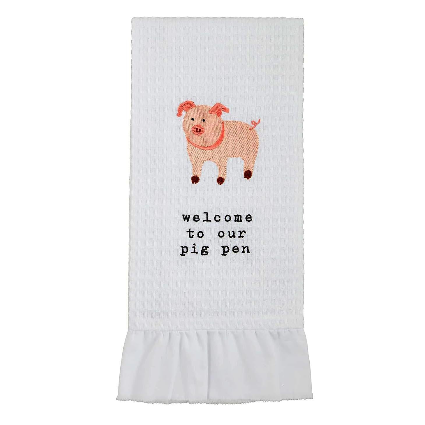 Ruffle Edge Farm Towel: Charming Embroidered Kitchen Accent - Pig pen