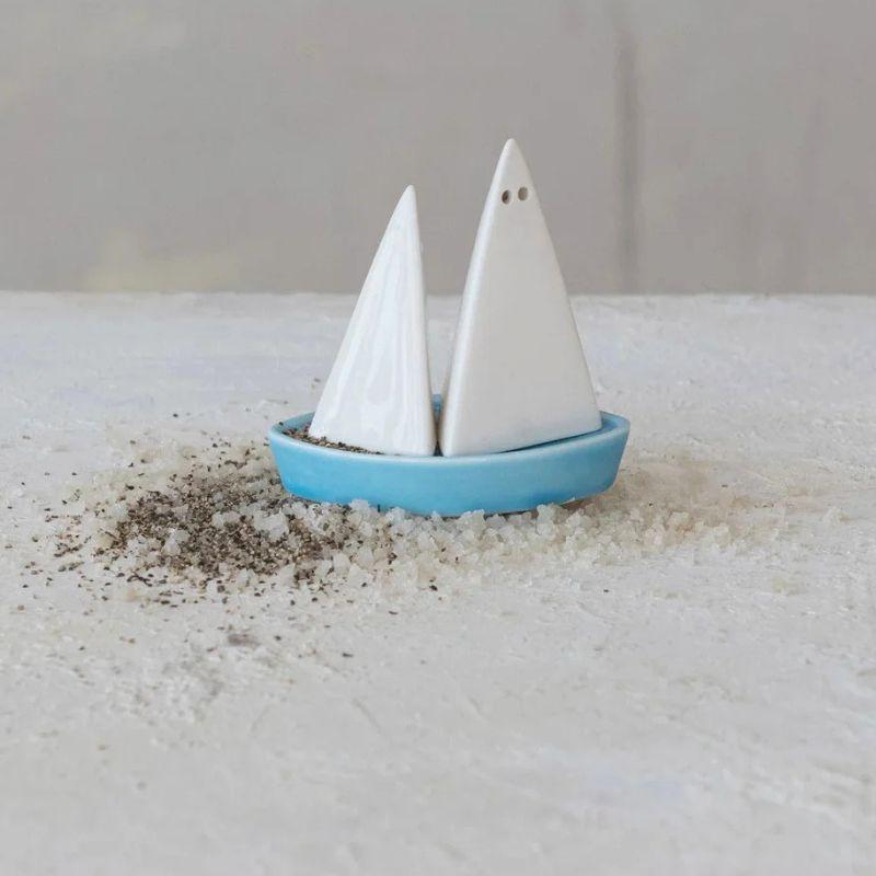 Sailboat Salt & Pepper Shakers – Coastal Stoneware Set