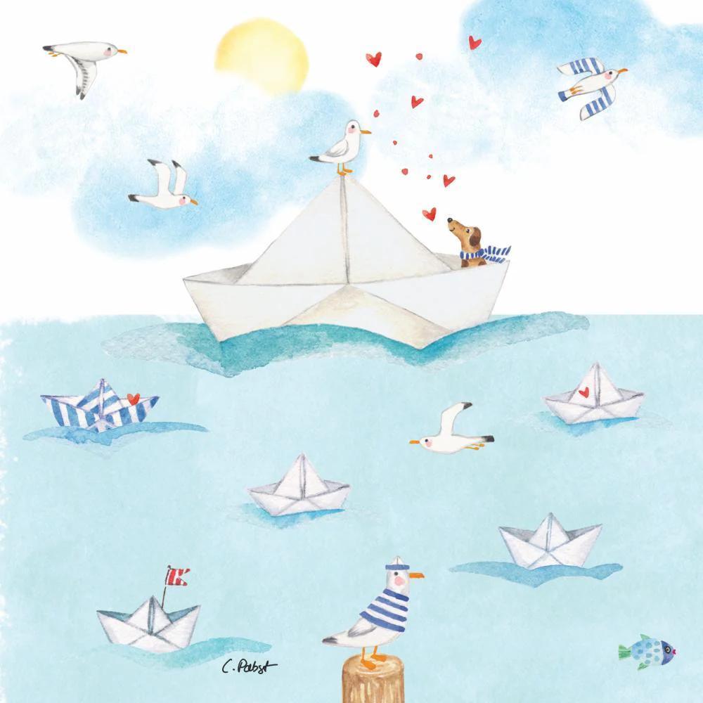 Illustration of a white paper boat with a bear on a blue sea background, surrounded by seagulls and other small boats.